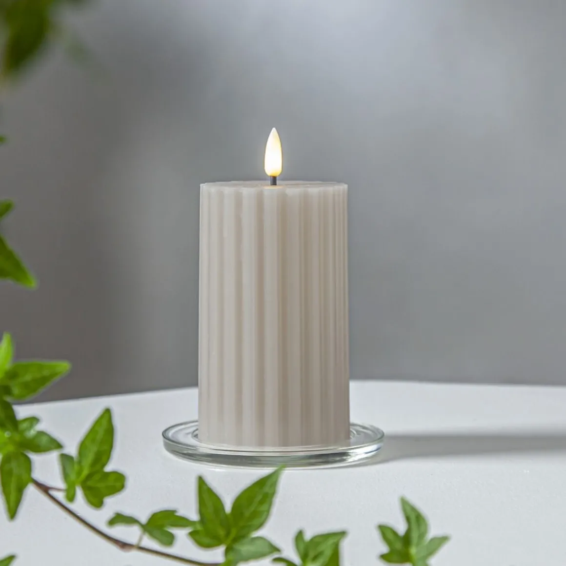 FLAMME STRIPE Blockljus 15cm Beige